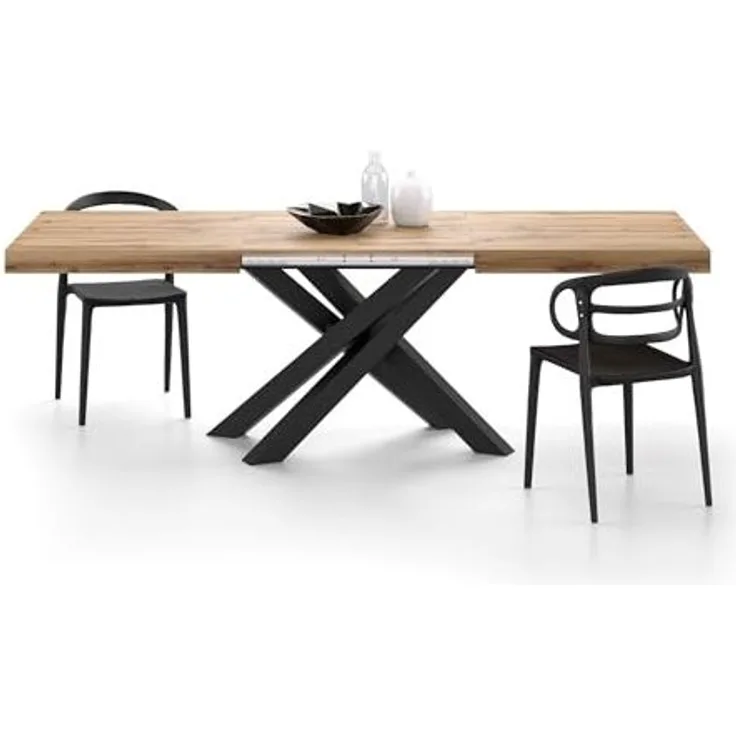 MOBILI FIVER, Ausziehbarer Tisch Emma 160, rustikale Eiche mit schwarzen X-Beinen, Laminiert/Eisen, Made in Italy