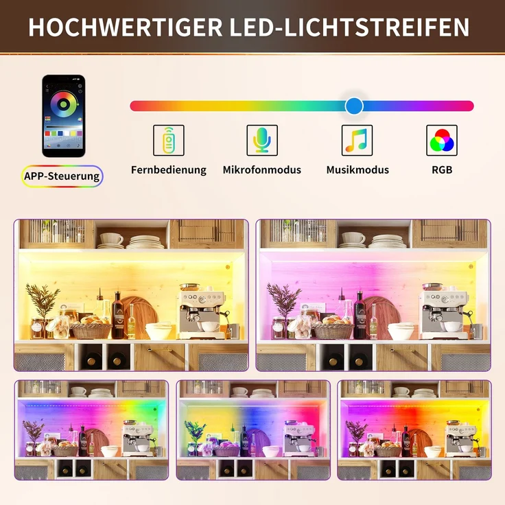 Seitenboard / Aufbewahrungsschrank / Multifunktions-Küchenschrank / Buffetschrank, 120x40x170cm, mit LED-Beleuchtung, Weinregal & Snackregal, 5 Türen, integrierte Steckdose, Weiß mit Holzoptik – Bild 7