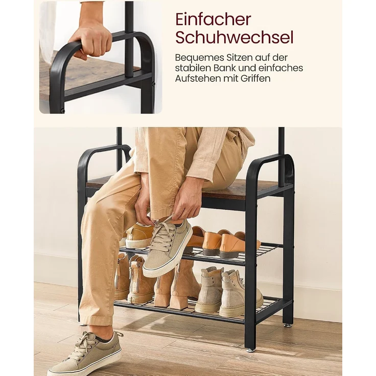 Vasagle Kleiderständer Garderobenständer rustikal mit 9 Abnehmbaren Haken Schuhregal mit Sitzfläche 3 Ablagen Holz Metall 72 x 183 x 33.7 cm Vintage von Songmics HSR40B – Bild 7