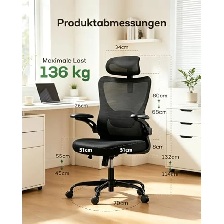 Marsail Bürostuhl Ergonomisch Schreibtischstuhl: Ergonomischer Bürostuhl mit 2D-Kopfstütze, 2D-Lendenwirbelstütze, klappbaren 3D-Armlehnen, 8 cm Sitzkissen, Höhenverstellung und 300 LB Belastbarkeit. – Bild 7