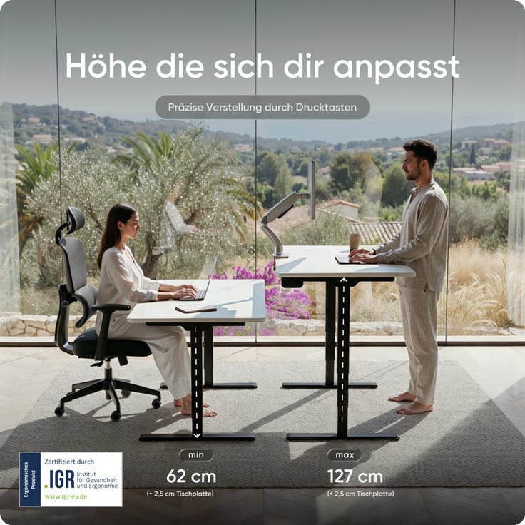DESKSPACE PRO Plus Elektrisch höhenverstellbarer Schreibtisch, 120x60 cm Stehpult mit Memory-Funktion, Weiße Tischplatte, Schwarzes Gestell – Bild 5