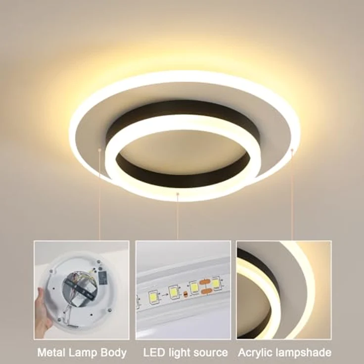 Goeco Deckenlampe LED, 28W Deckenleuchte Modern Rund, 3000K Warmweiß, Deckenbeleuchtung Schlafzimmer, Flur, Küche, Balkon, Weiß und Schwarz – Bild 6