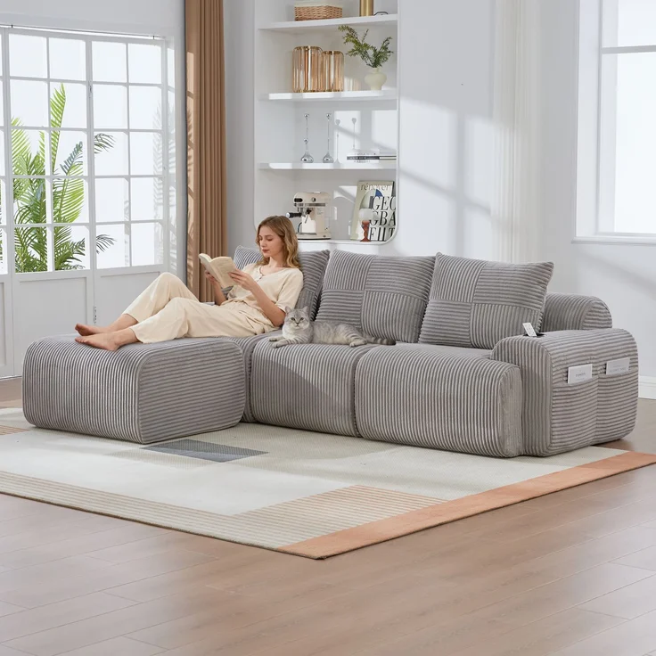 EINHOM Modulares Cordsofa für 3 Personen (mit Hockern), frei kombinierbar, inklusive Getränkehalter und seitlicher Aufbewahrungstasche, ideal für Wohnzimmer, Familienzimmer und weitere Räume. Hellgrau – Bild 3