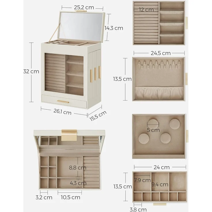 Songmics Schmuckkästchen, Schmuckkasten 5 Ebenen, Schmuckbox, Glasfenster, seitliche Schubladen, großer Spiegel, Schmuckaufbewahrung, 15,5 x 26,1 x 32 cm, wolkenweiß-metallisches Gold JBC162W01 – Bild 6