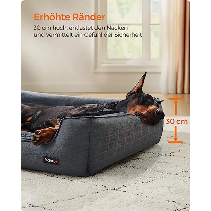 Feandrea Hundebett, Hundekissen in Leinenoptik, Hundekorb, erhöhte Ränder, rutschfeste Unterseite, Bezug abnehmbar waschbar, XXL, für extra große Hunde, 120 x 90 x 30 cm, dunkelgrau PGW013G01 – Bild 4