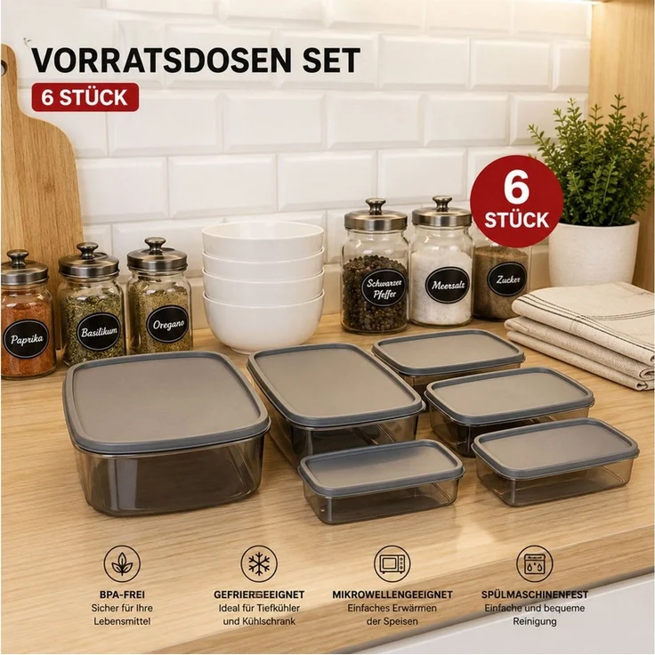 Jungengel Frischhaltedose Vorratsdosen Set 6-teilig Stapelbar Aufbewahrungsdosen Gefrierdosen, (Vorratsdosen-Set, 6-tlg, 6 passende Deckel, 6x Vorratsdosen in unterschiedlichen Größen), BPA-Frei, Gefriergeeignet bis -25 °C, Hitzebeständig bis ca. +95 °C – Bild 4