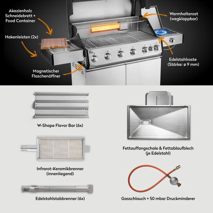 BURNHARD® Fat FRED Deluxe Gasgrill 6-Brenner, Edelstahlrost, Edelstahl - Silber - #947149 – Bild 4