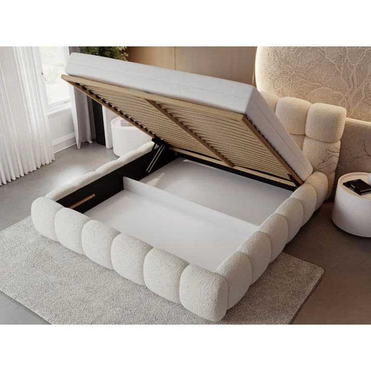 GRAINGOLD Modo Polsterbett 140x200, Doppelbett mit Kopfteil, groß Stauraum, Bouclé-Stoff, Beige – Bild 5