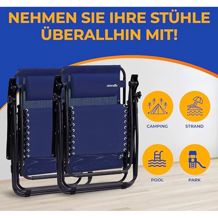 SereneLife Gartenliege Wetterfest, Sonnenliege Klappbar & Verstellbar als Liege, Sonnenstuhl als Gartenbett, Deckchair 2er Set Dunkelblau, Klappliegestuhl mit Seitentisch, Kopfkissen & Getränkehalter – Bild 7