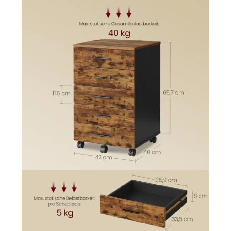 VASAGLE Rollcontainer, mobiler Aktenschrank, Schubladenschrank, Druckerständer mit 5 Schubladen, mit schraubenlosen Gleitschienen, für Büro, Homeoffice, vintagebraun OFC081KD02 – Bild 3