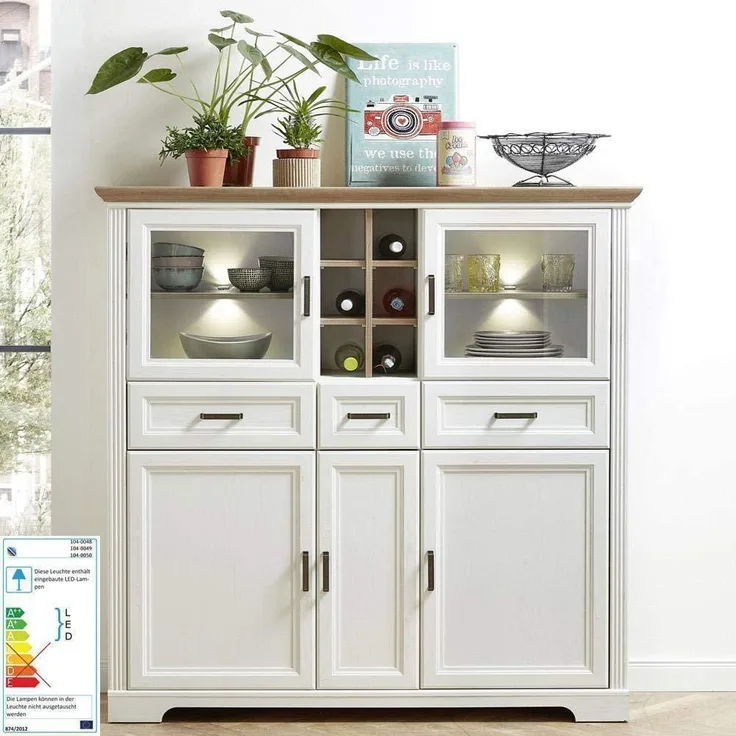 Lomadox Highboard JÜLICH-36, Pinie hell Nb, Deckplatte Artisan Eiche Nb. inkl. LED 143/150/42 cm