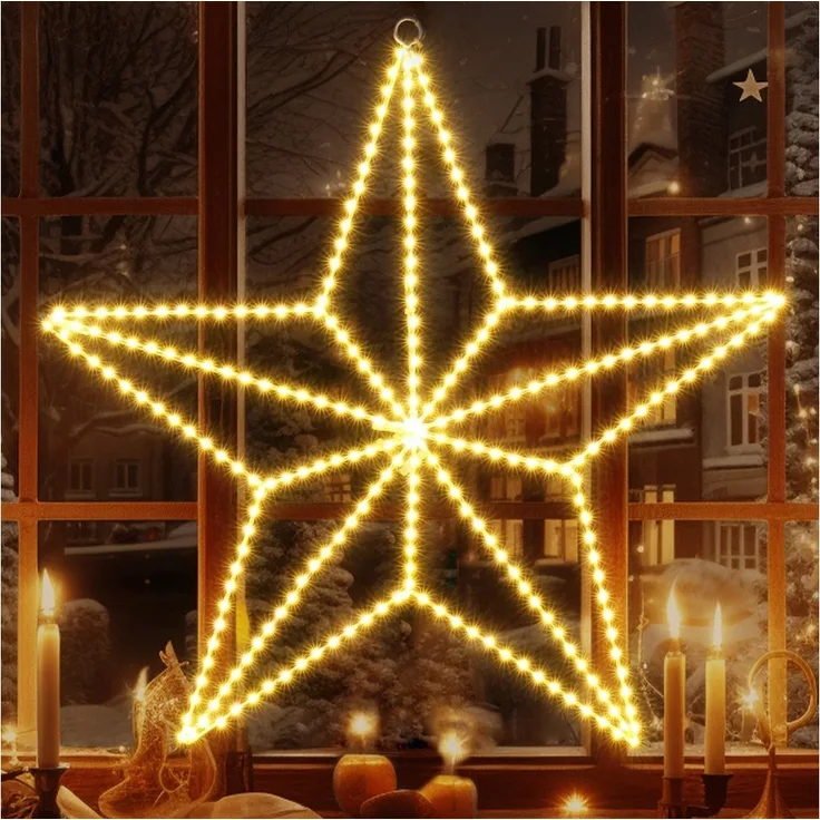 Elegear LED-Lichterkette LED Stern Fensterdeko, Warmweiß weihnachtsdeko, Faltbar, mit 3m Kabel, 50cm Fünfzackstern, 282 LEDs, IP20, inkl. Haken, Ideal für Fenster