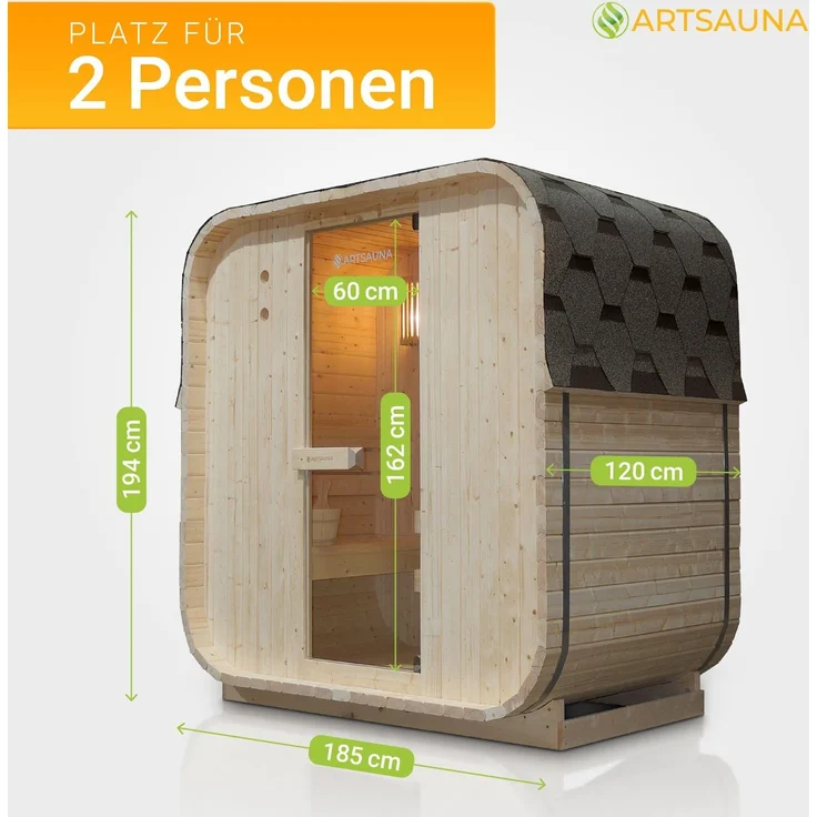 Artsauna Fasssauna Nolvik M, Outdoor-Sauna aus Fichtenholz, 3,6 kW Ofen, LED, Komplettset mit Sanduhr, Eimer & Thermometer, winterfest, Cube Design – Bild 4