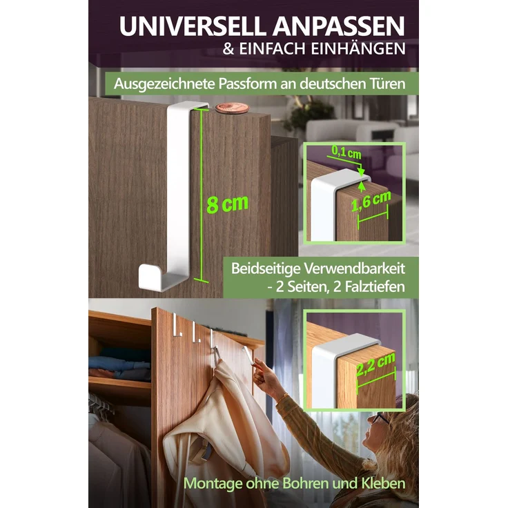 Aurelia Home Türhaken zum Einhängen, 10er-Set, Weiß – ohne Bohren, bis 8 kg – Bild 4