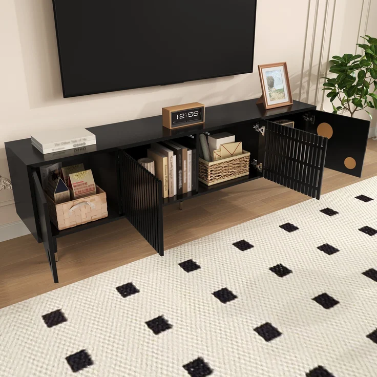 TV-Schrank aus MDF mit 4 Türen & Kabelmanagement, 170x36x54 cm, Schwarz – Bild 4