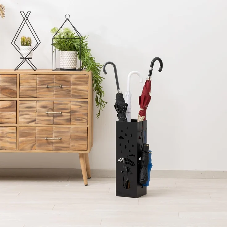 Baroni Home Schirmständer in modernem Design aus Metall mit Cat and Rain-Schnitzerei - Schwarz Schirmständer mit Haken und herausnehmbarer Auffangschale für Heim- und Bürodekoration 15,5 x 15 x 49 cm – Bild 3