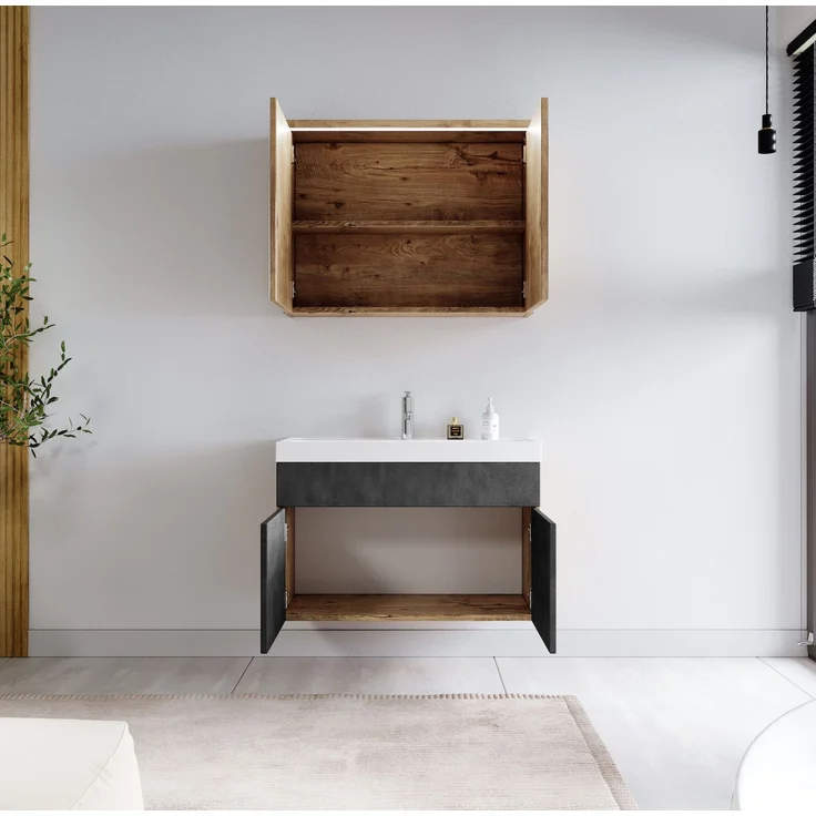Badplaats Badmöbel Komplettset Paso 02 80 x 40 cm Kastanien Eiche mit Dunkel Grau - Badezimmermöbel mit Waschbecken und Spiegelschrank – Bild 3