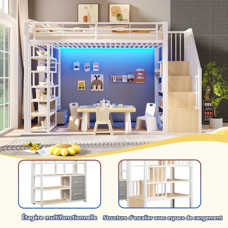 U-life Hochbett 90x200 cm, für Kinder, Eisenrahmen, Ablagefach, Schubladen, Integrierte Stufen, Metall, Weiß – Bild 10