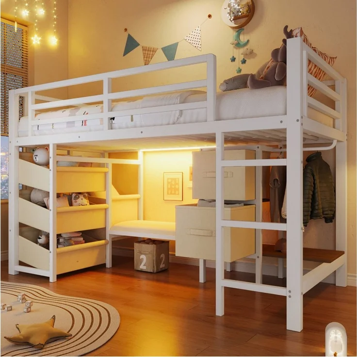 SOFTWEARY Hochbett LED-Beleuchtung und Stauraum (90x200 cm, mit Lattenrost, Schubladen, Leiter, Kleiderstange, Sitzbank) Kinderbett mit Rausfallschutz, Metallbett – Bild 5