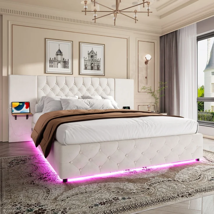 LVHOM Boxbett 140x200cm diamantgeprägtem Knopf Bettgestell, Samt, LED, langes Kopfteil, USB-Ladeanschlüssen, hydraulischem Stauraum-System, freie Staubschutzhülle für Stauraum als Geschenk – Bild 2