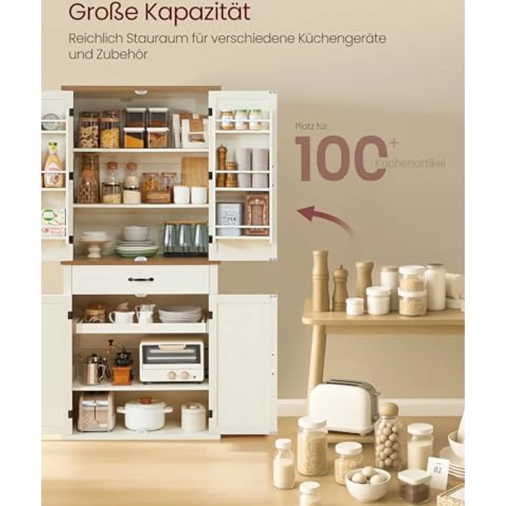 VASAGLE Küchenschrank mit Türen, Landhausstil, Schublade, Ablage und verstellbaren Einlegeböden, vintageweiß, 178,6 x 40 x 80 cm, BBKDE364W02 – Bild 6