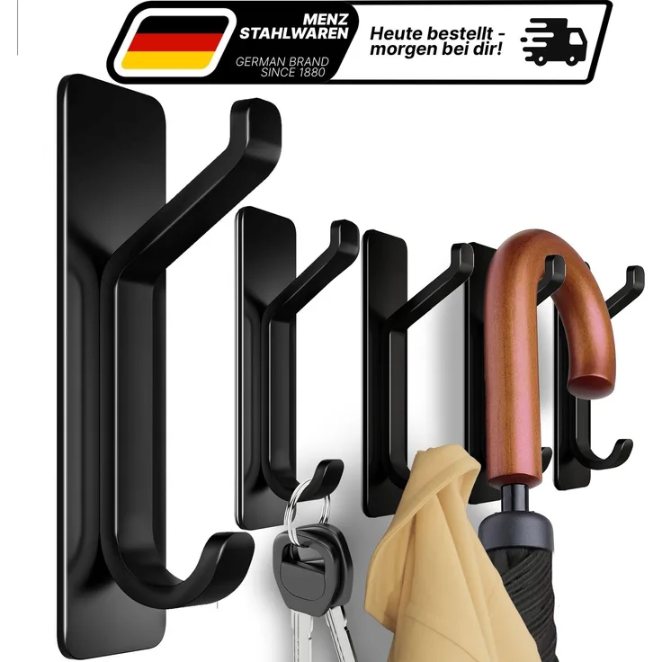 Lindenstein Doppelhaken 5er-Set Schwarz matt – Edelstahl, selbstklebend, bis 6 kg