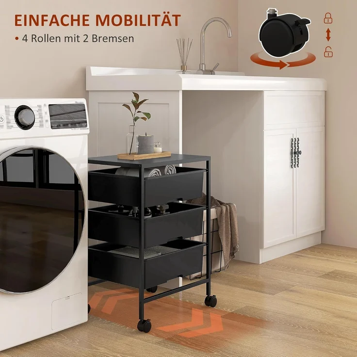HOMCOM Servierwagen mit Rädern, 3-Lagerkörben und Stahlrahmen, (Rollwagen, 1 St, Aufbewahrungswagen), für Küche, Wohnzimmer, 40,8 x 33,5 x 60,5 cm, Schwarz – Bild 4