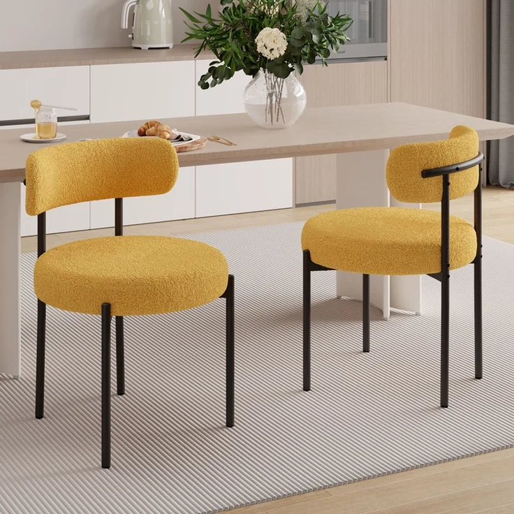 Hawthyhome Esszimmerstühle 2er Set Polsterstuhl mit runder Rückenlehne, Teddy Stoff Boucle Bezug, weich & kuschelig, ergonomisches Design, stabiles schwarzes Metallgestell, vielseitig für Esszimmer, Küche & Wohnbereich, Gelb – Bild 7