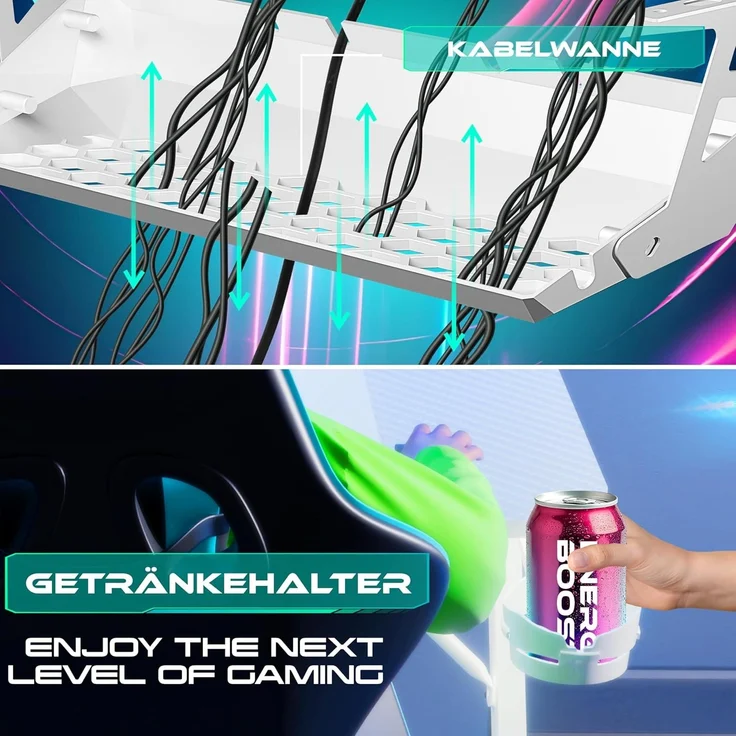 KESSER® Gaming Tisch LED | Z-Form Gamer Schreibtisch | Kopfhörerhaken & Kohlebeschichtung | Ergonomischer PC Computertisch | Stabiler Tisch mit Mauspad & Getränkehalter Weiß Carbon, 160 x 60 cm – Bild 7