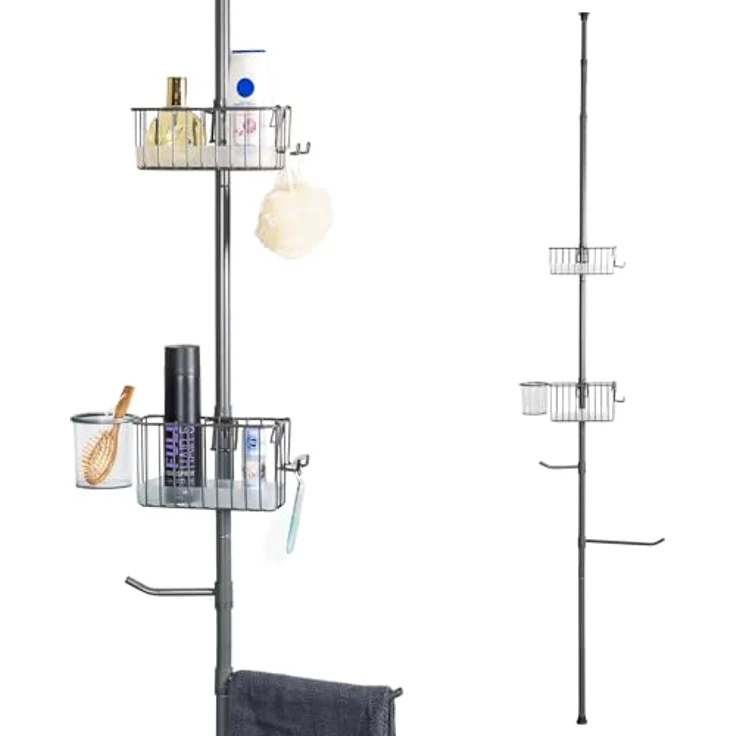 bremermann Teleskopregal 2 Körbe, 2 Handtuchstangen, Teleskop-Stange bis max. ca. 290 cm, grau – Bild 2