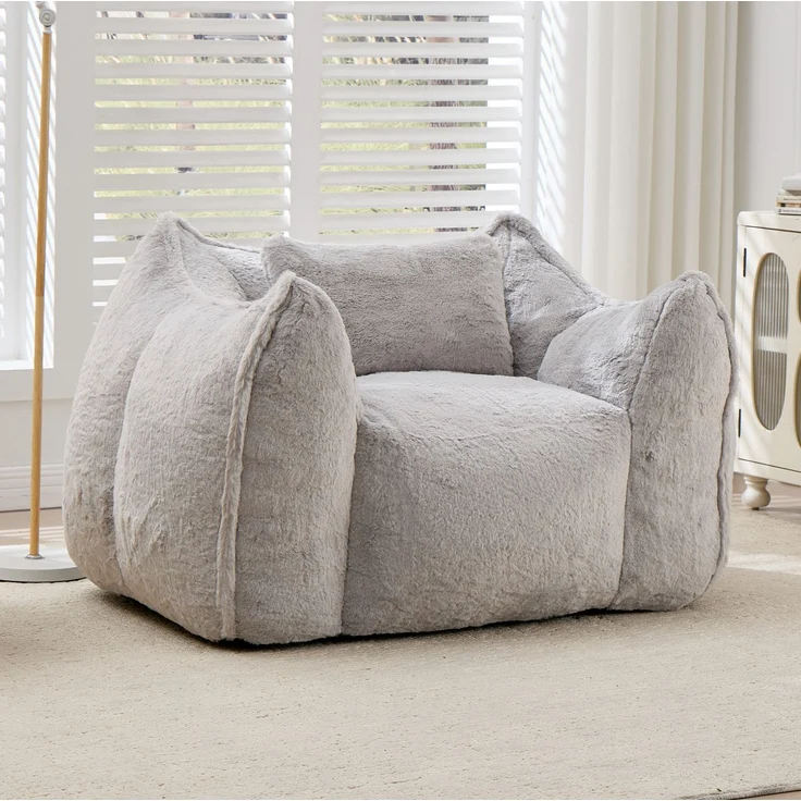 Sitzsack 123cm×97cm×73cm mit Kissen – weicher Relaxsessel mit Lammfell-Optik und Formschaum, Grau – Bild 1