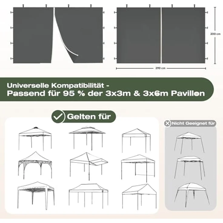 Sekey 2PCS Seitenwände für Pavillon 3x3m, wasserdicht und winterfest, 1 Fenster und 1 Tür, grau, 2 Türen, strapazierfähiges 210D Oxford-Gewebe – Bild 2