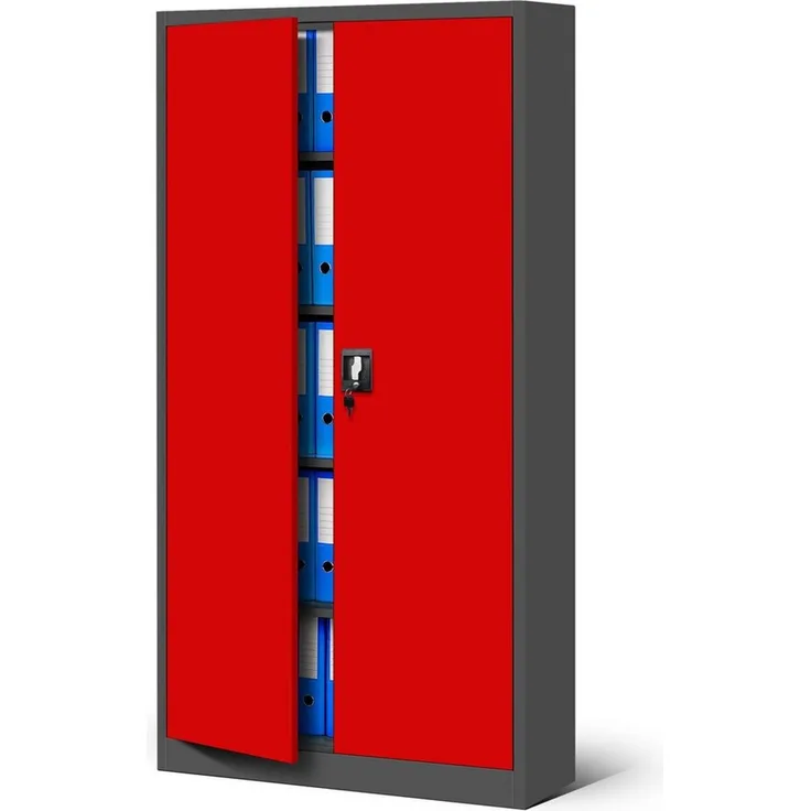 Jan Nowak Büroschrank C001 Aktenschrank Lagerschrank Mehrzweckschrank Metallschrank 4 Fachböden Pulverbeschichtung Stahlblech 185 x 90 x 40 cm (anthrazit/rot-2)