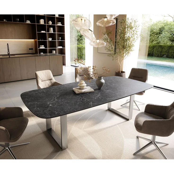 Esstisch Edge Boot 240x120 cm Keramik Laminam® Nero Greco Anthrazit Edelstahl Schmal