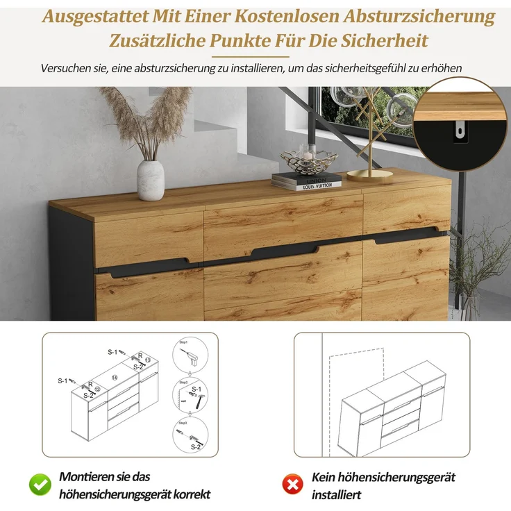 DESVIAE Sideboard mit 2 Türen und 4 Schubladen 160x80x40 cm Spanplatte Holzoptik Schwarz – Bild 4