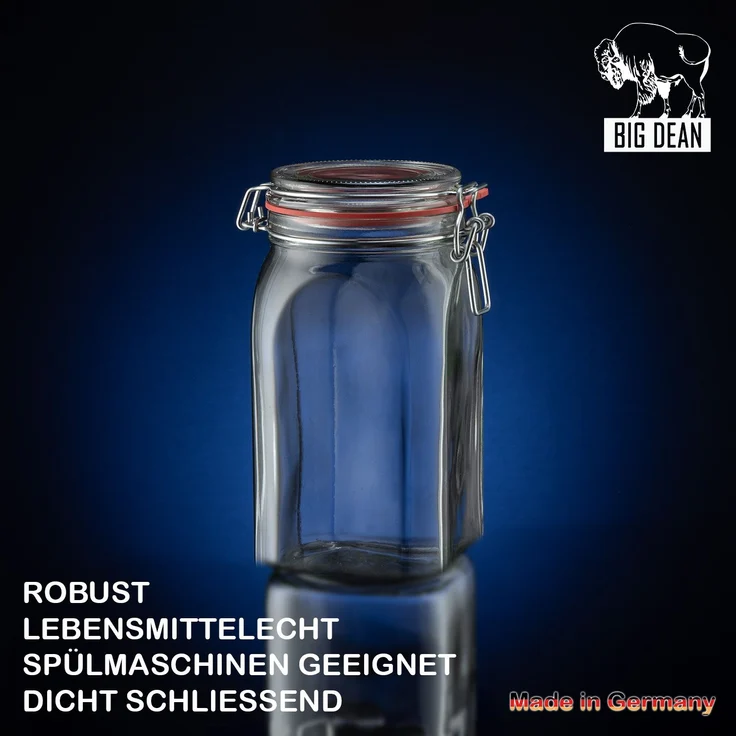 BigDean 4er Set Vorratsgläser 1,1L - Einmachgläser mit Deckel & Bügelverschluss - Made in Germany - Drahtbügelgläser zum luftdichten Aufbewahren, Einlegen & Einkochen - Glas, eckig – Bild 5