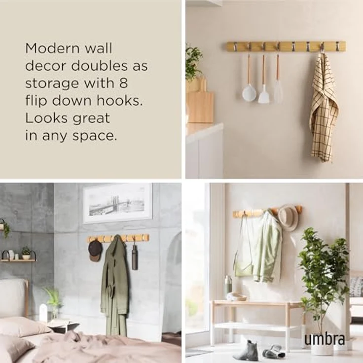 Umbra Flip 8 Garderobenhaken – Moderne, Schlichte und Platzsparende Garderobenleiste mit 8 Beweglichen Haken für Jacken, Mäntel, Schals, Handtaschen und Mehr, Natur – Bild 5