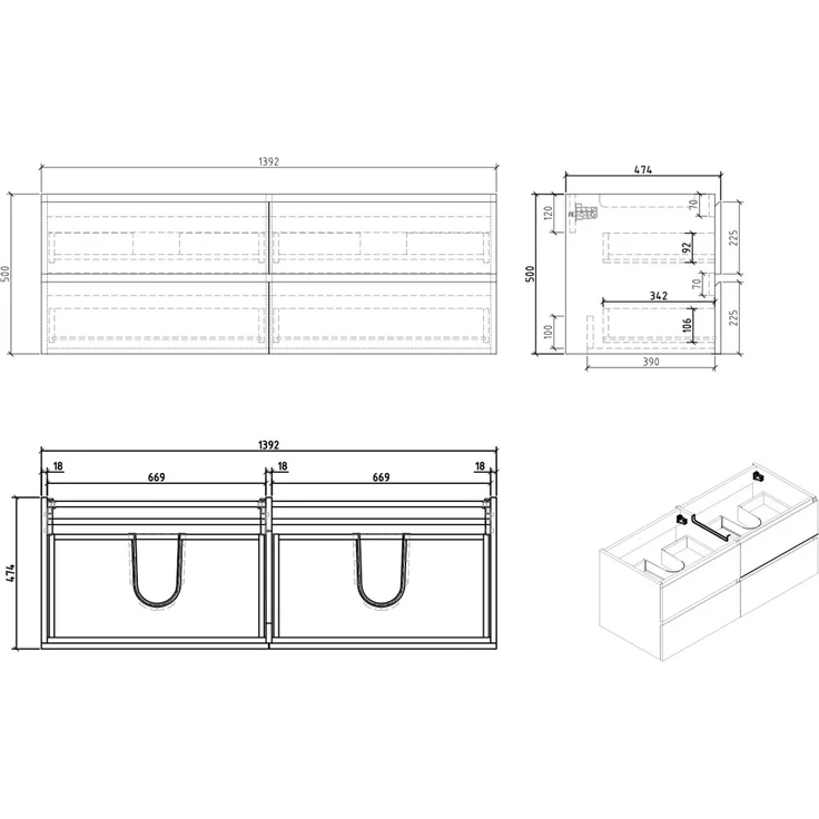 Badplaats Badmöbel Set mit Waschbecken und Unterschrank Angela 140 x 48 cm Schwarz Holz - Waschbeckenunterschrank mit Soft-Close und Doppelwaschbecken, Vorgemontiert – Bild 5