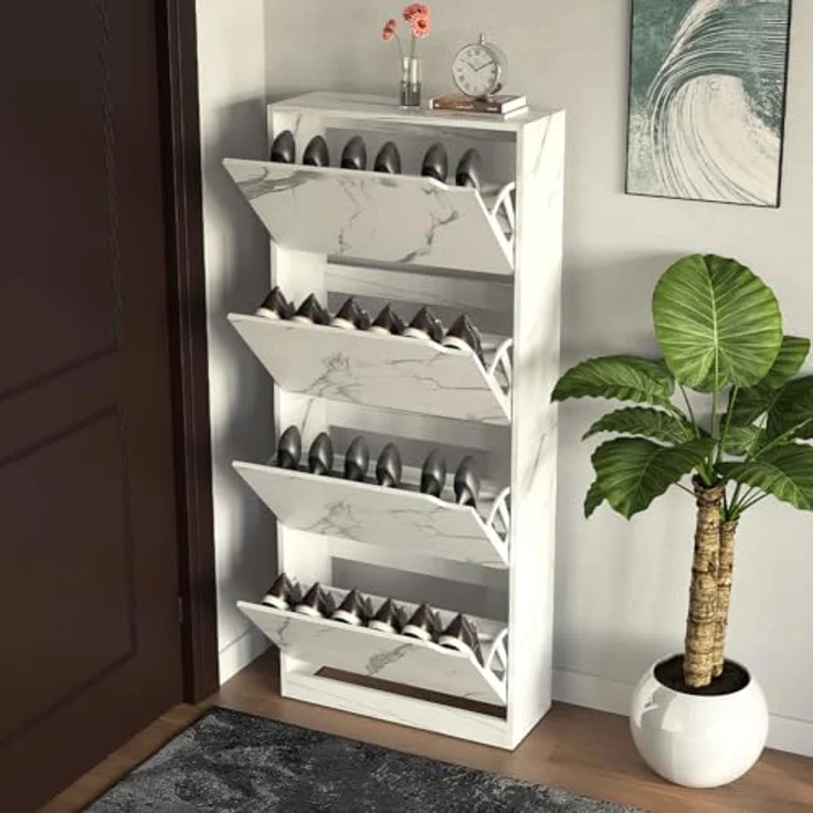 BAKAJI Schuhregal aus MDF-Holz mit 4 Türen, klappbarer Schuhhalter, versenkbare Griffe, doppelte Tiefe, kompakte Größe, Slim 63 x 24 x 150 cm, platzsparend, Eingang Haus (Marmor) – Bild 3