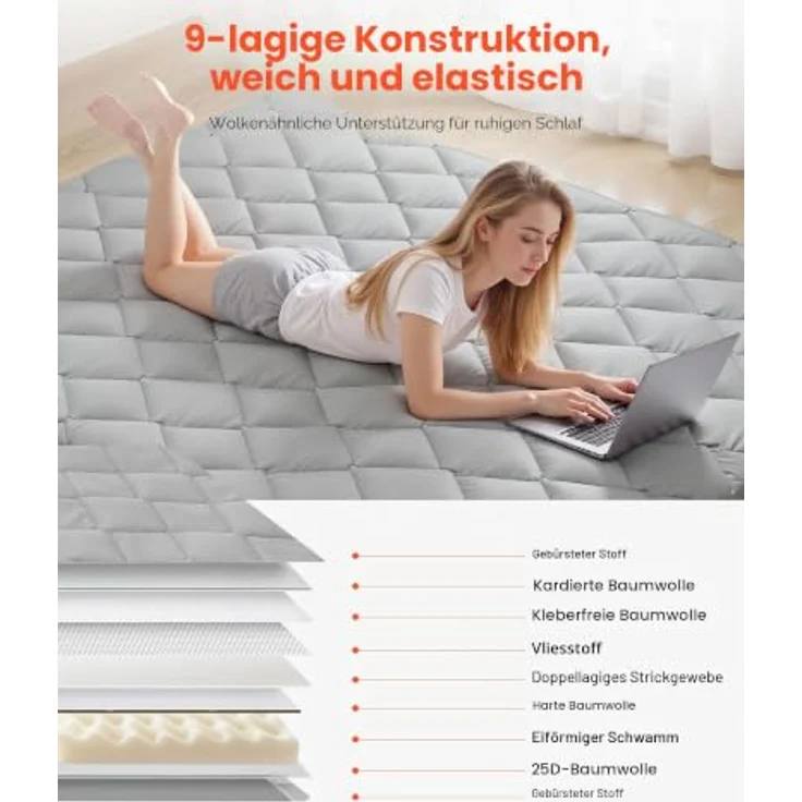 VEVOR japanische Futon-Matratze (2032 x 1524 x 63,5 mm), Faltbare Tatami (Queen Size), Bodenmatratze mit Aufbewahrungstasche & Befestigungsmaterial, 9-lagige Schlafmatte für Meditation Yoga, Grau – Bild 3
