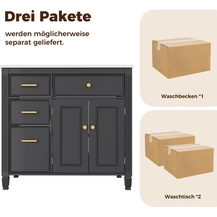 Freistehender Waschtisch, B 91 x T 46,5 x H 87 cm, MDF und Keramik, schwarz – Bild 7