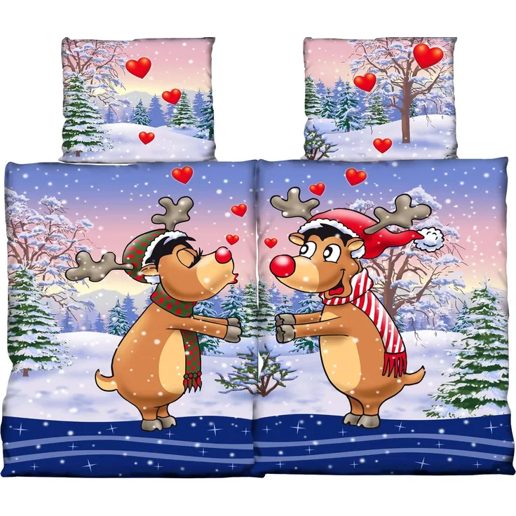 Einzelne Zwei Personen Fleece-Bettwäsche 135x200 cm mit Rentiermotiv Weihnachtsbettwäsche