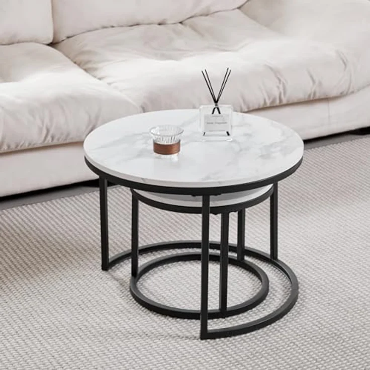 GrandCA HOME Couchtisch 2er Set,Stapelbarer Couchtisch, Couchtische Rund, Marmorierte MDF-Tischplatte, Schwarze Tischbeine aus Edelstahl，Geeignet für Wohnzimmer, Esszimmer（Ø60x45H cm，Ø40x35H cm） – Bild 4