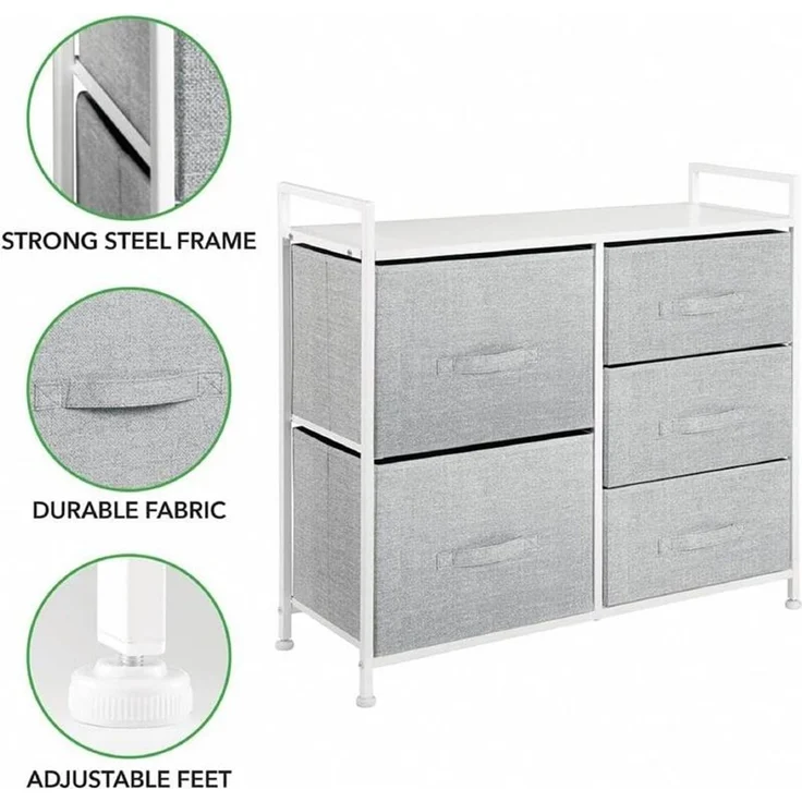 Schmaler Stoff Schrank 5 Schubladen Kommode Aufbewahrung grau/weiß 82cm mdesign – Bild 5