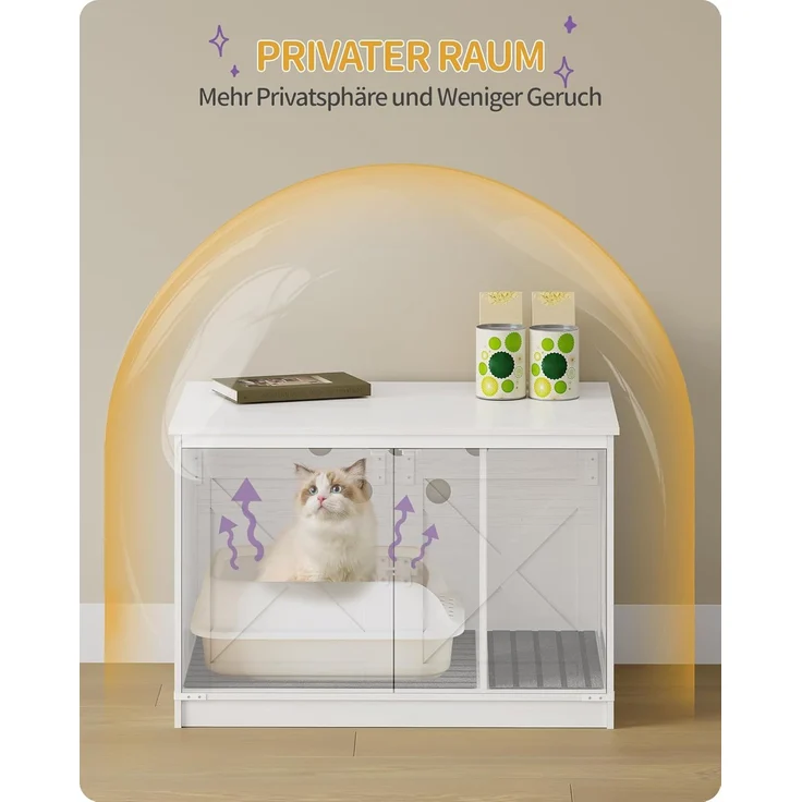Katzenklo Schrank, Katzenschrank, Katzentoilette mit Herausnehmbarer Trennwand, Katzenhaus, Umkehrbarer Eingang Links oder Rechts, als Sideboard, 80 x 50 x 54 cm, Weiß – Bild 4