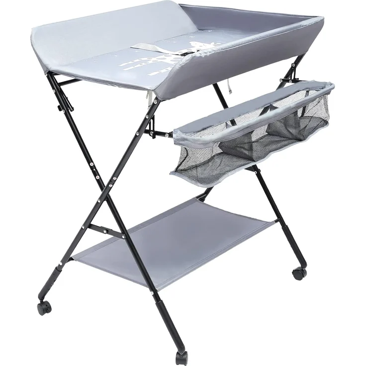 QIERF Klappbarer Wickeltisch Baby Wickelkommode Mobiler Wickelregal Höhenverstellbar, 25kg Tragfähigkeit für 0-12 Monate, Wechseln von Windeln, Wechselkleidung, Lagerung, Grau – Bild 1