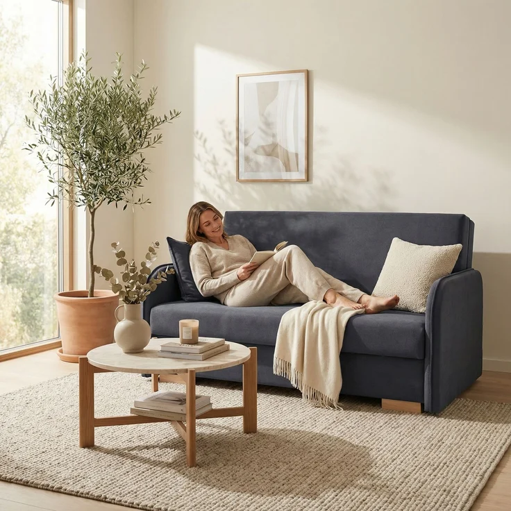 Wohnero 24 Goldi 3 Premium Schlafsofa 144x95 cm mit Schlaffunktion & Bettkasten – 133x195 cm Liegefläche, 2-Sitzer Design Sofa Dunkelgrau – Bild 1