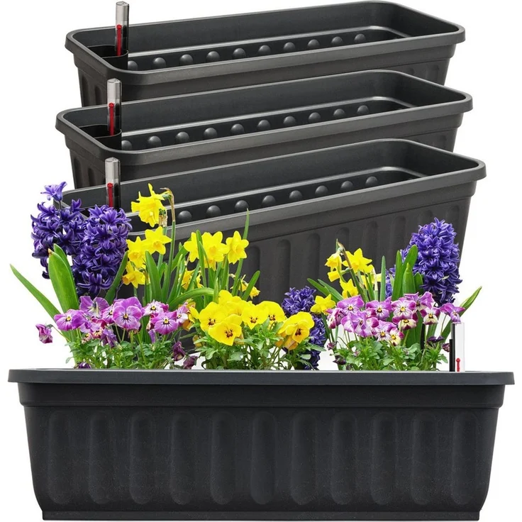 Hausfelder Blumenkasten Balkonkasten mit Wasserstandsanzeiger, Pflanzkasten 4er Set, 60cm (4er Set, 4 St, Jedes Set enthält: Füllstandsanzeiger, Boden, Pflanzkasten), Blumenkästen UV- und witterungsbeständig für innen und außen, matt – Bild 1