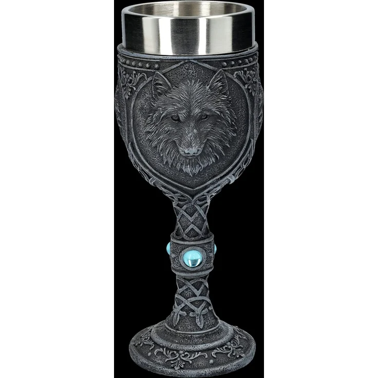 Figuren Shop GmbH Becher Gothic Kelch - Nacht Wolf mit blauen Schmucksteinen - Becher Fantasy, Kunststein (Polyresin), Edelstahl – Bild 1