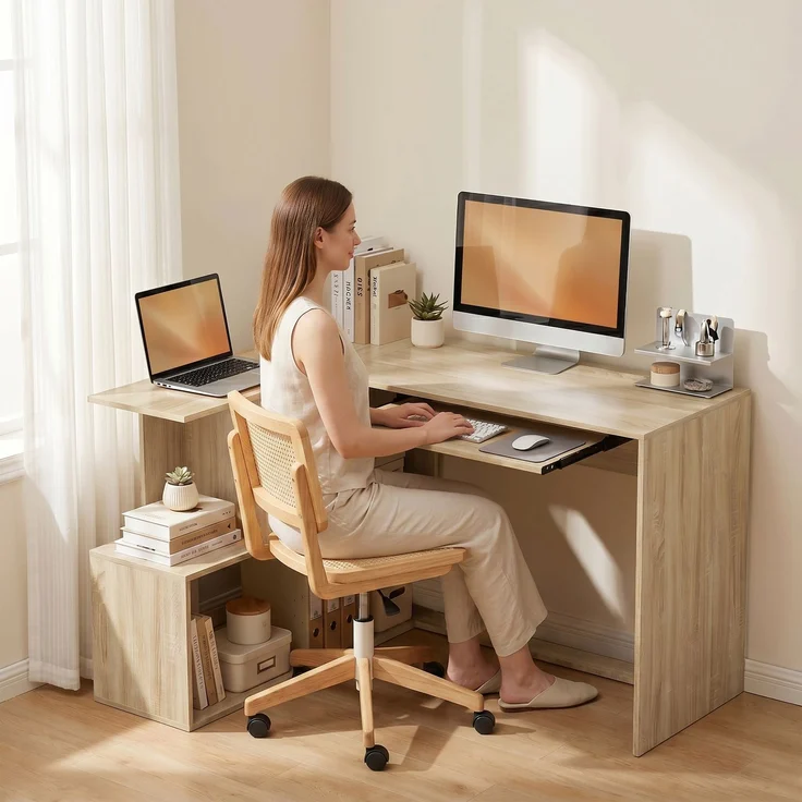 Eckschreibtisch, 120 x 100 x 76 cm, L-förmiger Computertisch mit Tastaturablage, 4 offene Fächer, natur – Bild 10